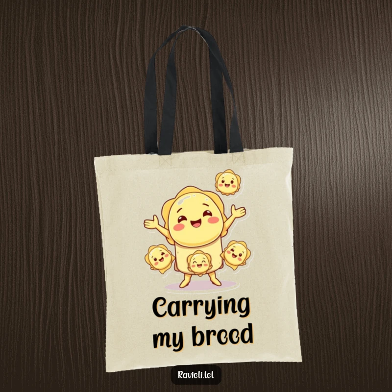 Funny smiling ravioli character juggling smaller pasta shapes, a stylish and amusing tote bag.