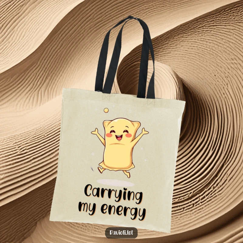 Funny happy ravioli doing cartwheels with flying dough, cute Italian pasta character on a tote, great funny tote.