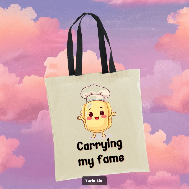 Durable tote bag featuring a funny ravioli character in a chef hat, proudly presenting itself, perfect for groceries and daily errands.