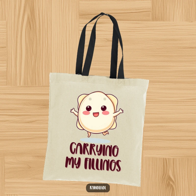 Funny plump ravioli character with tiny legs joyfully skipping, designed on a functional and humorous tote bag.