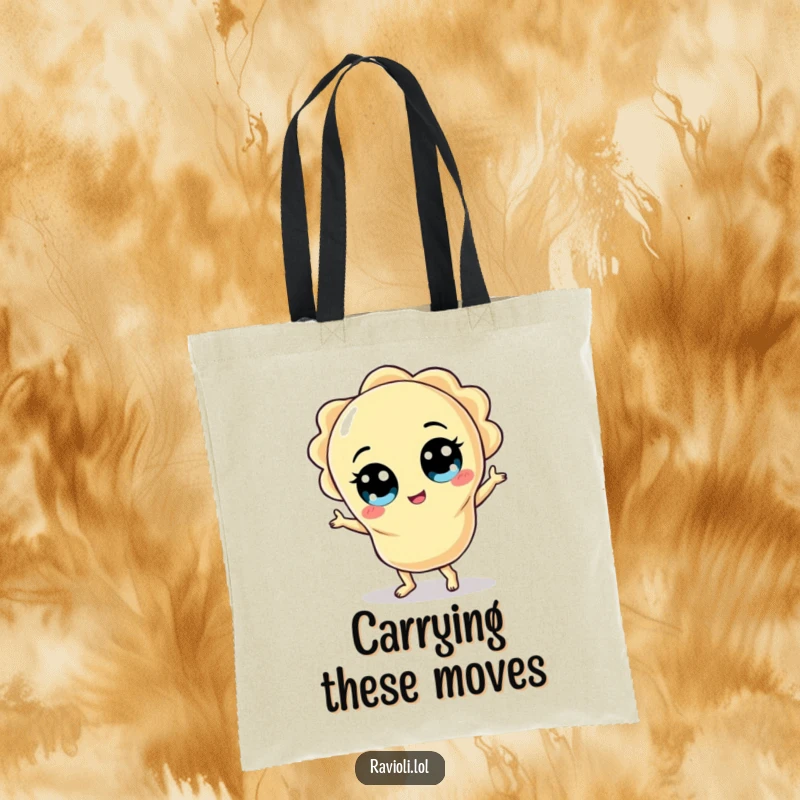 Funny ravioli character with wide eyes doing a silly dance, designed on a functional and humorous tote bag.