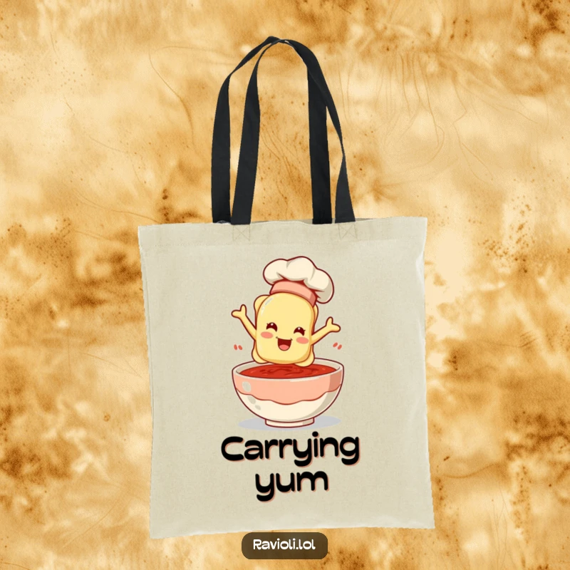 A ravioli chef enthusiastically leaps into a bowl of sauce on a sturdy tote bag, a humorous and practical accessory.