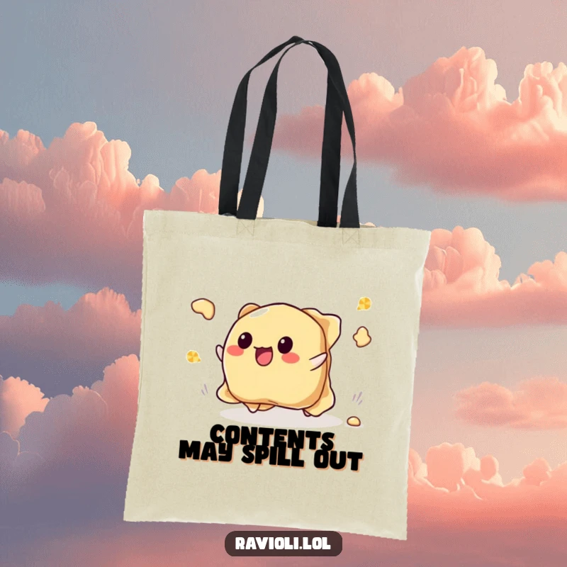 Funny tripping ravioli tote bag featuring a ravioli character stumbling, its filling happily flying out in a comical spill.