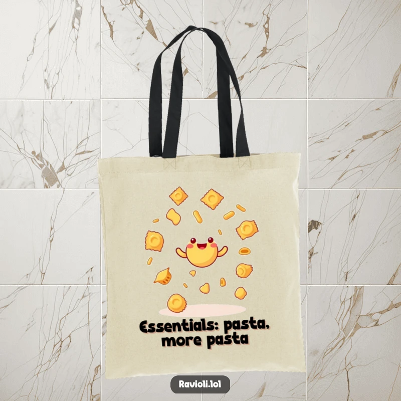 Funny ravioli character in the act of juggling small pasta shapes, displayed on a sturdy tote bag, perfect for a humorous shopper.
