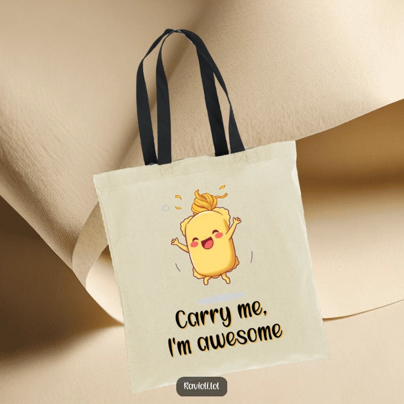 Funny cartwheeling ravioli tote bag featuring a ravioli character doing a joyful cartwheel with pasta steam, perfect for errands.