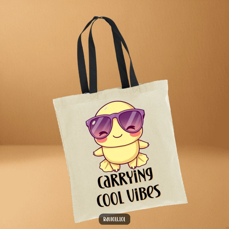 Funny ravioli character wearing cool sunglasses and winking on a tote bag, a stylish and humorous accessory.