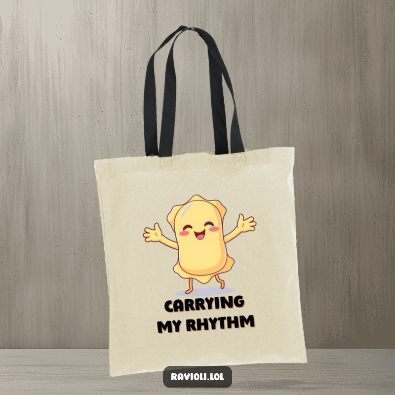 Funny ravioli character performing a silly dance with floppy arms, featured on a durable tote bag for a humorous shopping trip.