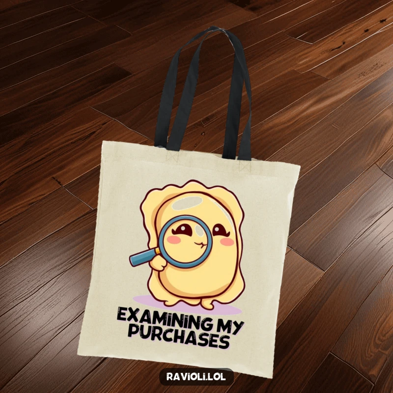 Funny Tote Bag: A ravioli uses a magnifying glass to scrutinize a crumb, embodying a smart and humorous carry-all.