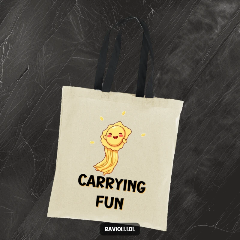 A giggling ravioli slides down a spaghetti strand on a sturdy tote bag, a humorous and practical accessory.
