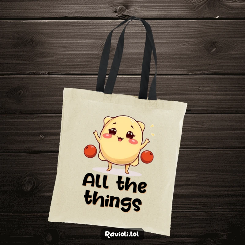 Funny ravioli character winks and juggles meatballs on a sturdy tote bag, a functional and humorous accessory.