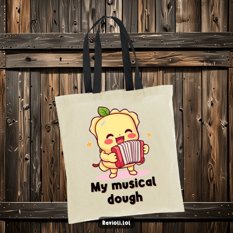 Funny tote bag featuring a ravioli character playing a small accordion with lively enthusiasm, a musical accessory.