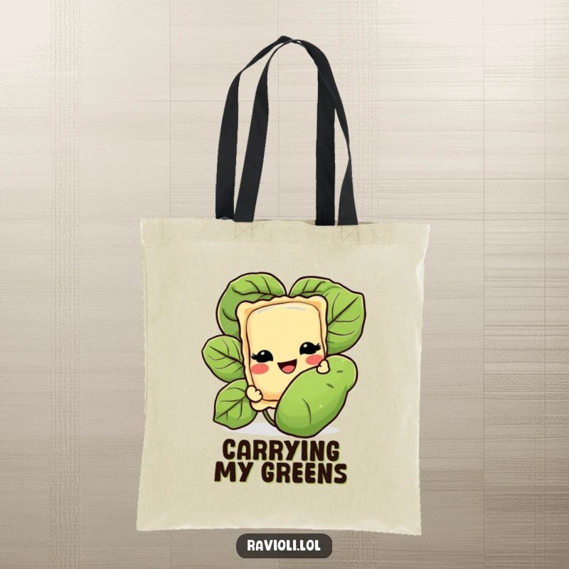 Funny tote bag featuring a grinning ravioli character peeking from behind a fresh basil leaf, ideal for carrying groceries with Italian flair.