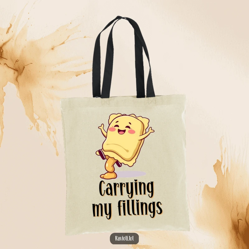 Funny ravioli character giggling mid-cartwheel with filling spilling, on a stylish tote bag, a humorous and practical gift.
