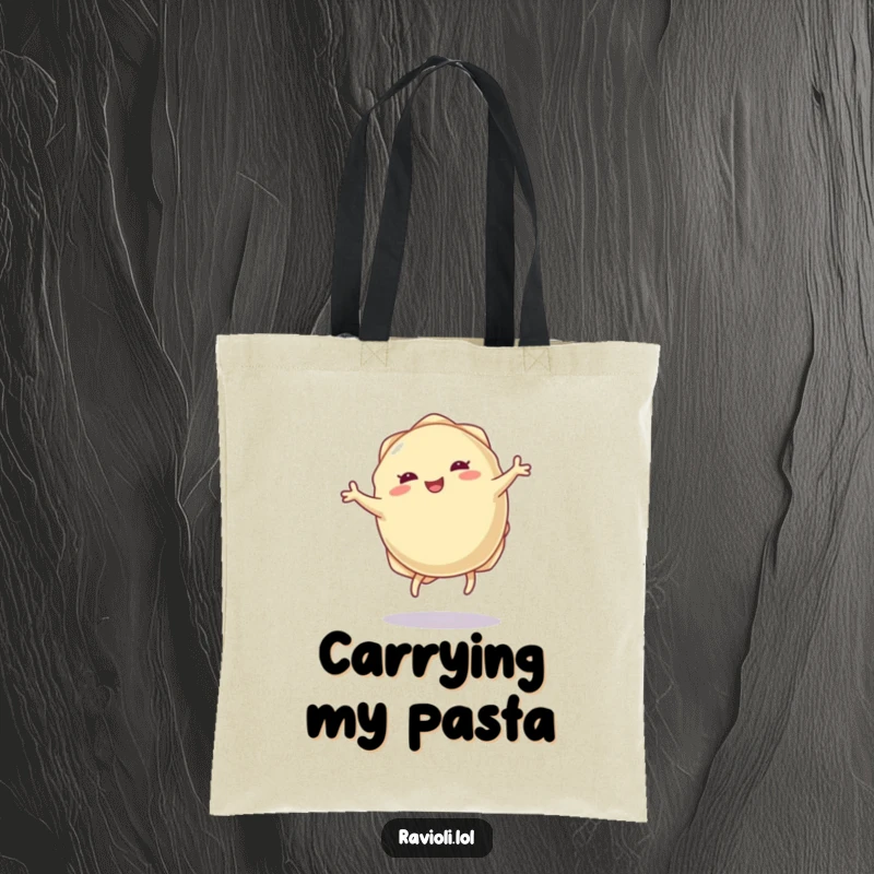 Funny ravioli dumpling tote bag with tiny legs doing a joyful cartwheel, perfect for carrying essentials with food-themed fun.