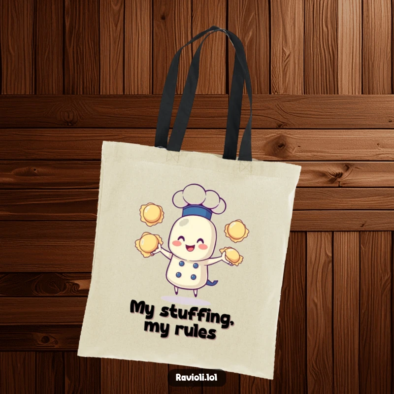 Funny tote bag with a ravioli character as a chef, joyfully juggling three ravioli, showcasing a whimsical culinary theme.