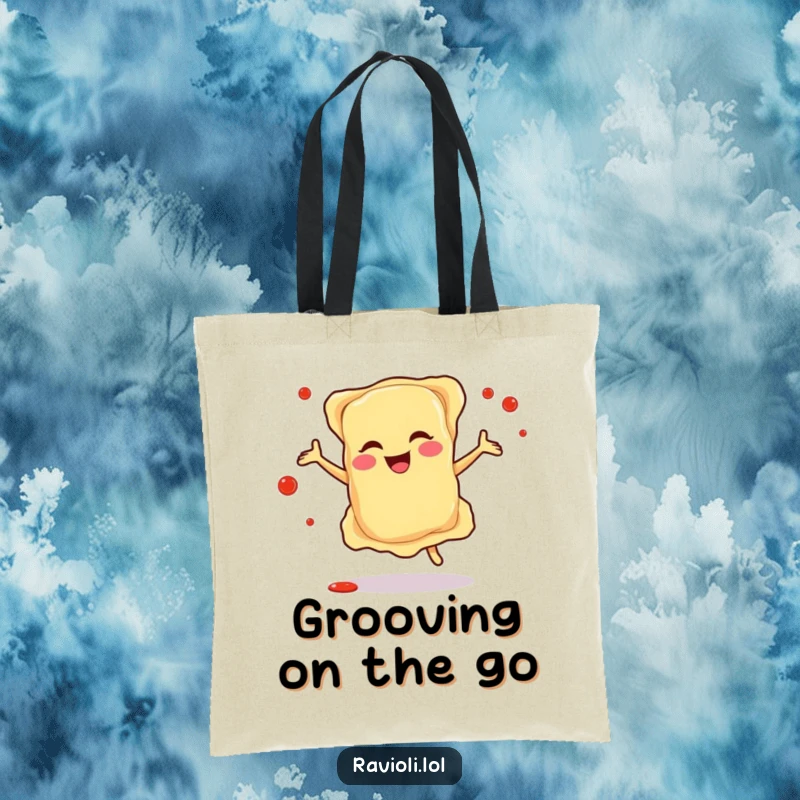Funny tote bag featuring a happy ravioli character dancing amidst sauce splatters, perfect for carrying items with Italian flair and joyful energy.