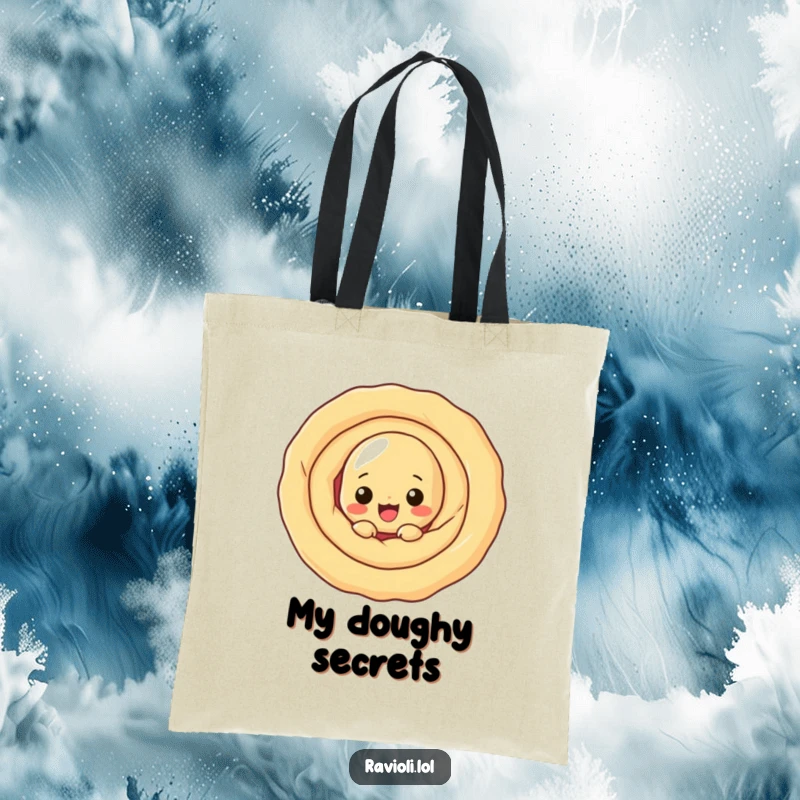 Funny ravioli character peeking from behind a large dough swirl, a functional and funny tote bag.