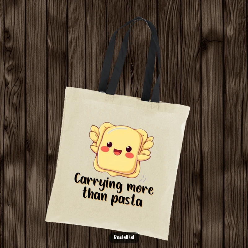 Funny ravioli tote bag with a pasta attempting to fly using small wings, a delightful and humorous carryall.