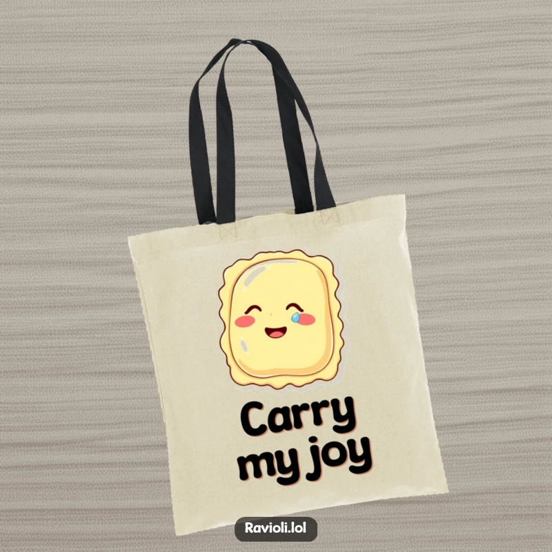 Durable tote bag featuring a funny ravioli character in the midst of a hearty giggle, with a single tear of mirth adorning its cheek.