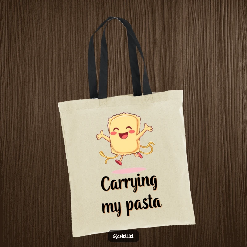 Funny ravioli character joyfully jumping with pasta trailing, on a stylish tote bag, a humorous and practical gift.