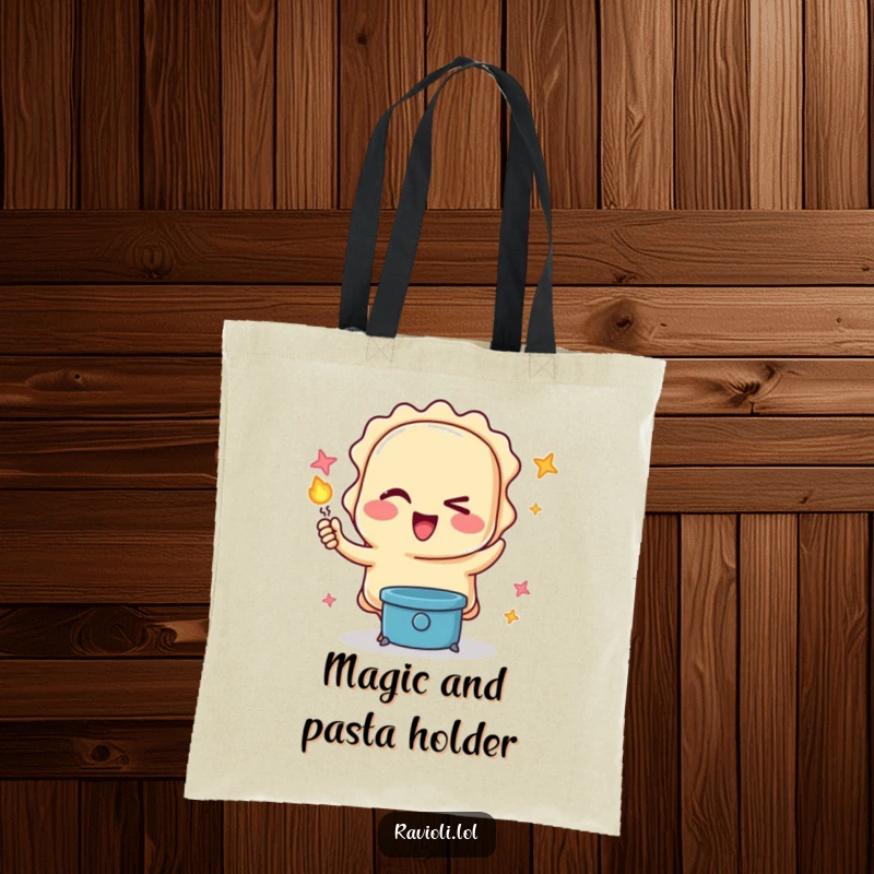 Funny tote bag with a winking ravioli character performing a magic trick, perfect for carrying essentials with a humorous and enchanting flair.