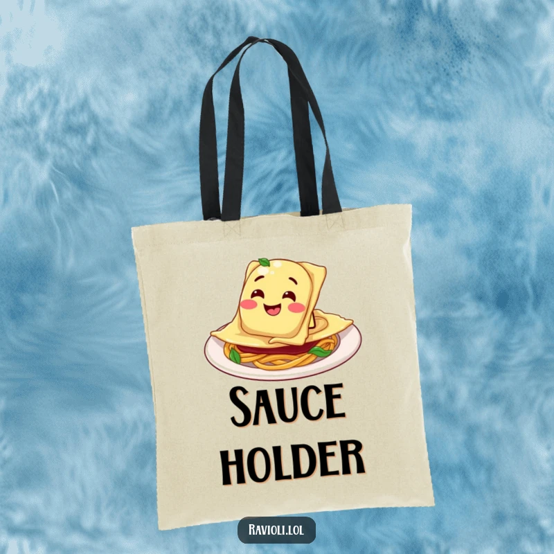 Funny Ravioli Plate Tote Bag: Ravioli character sliding into a plate with a goofy grin, perfect for carrying essentials.