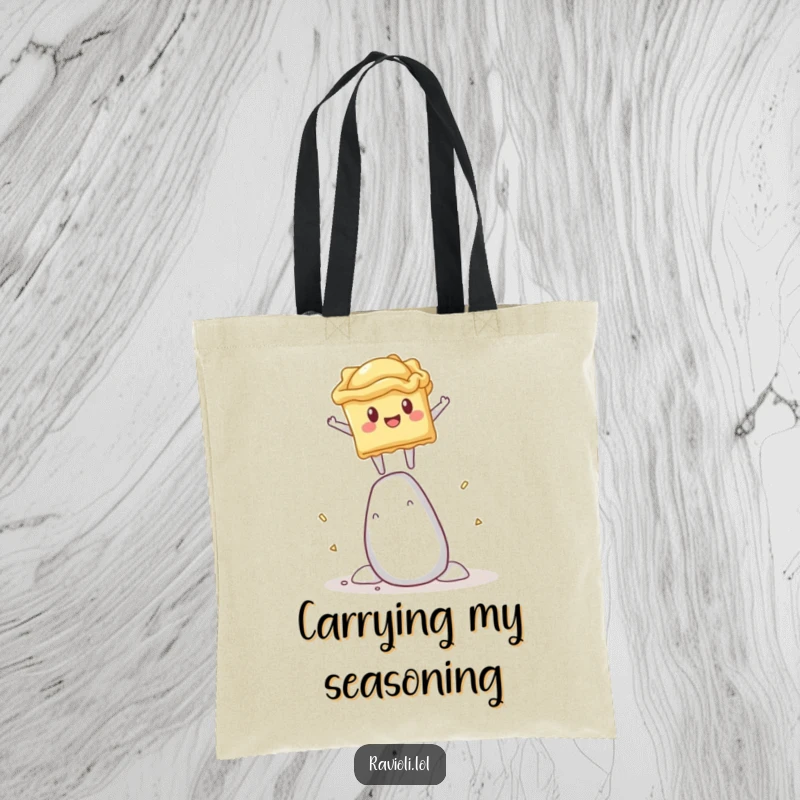 Funny tote bag with a ravioli character performing a hilarious balancing act on a giant salt shaker.