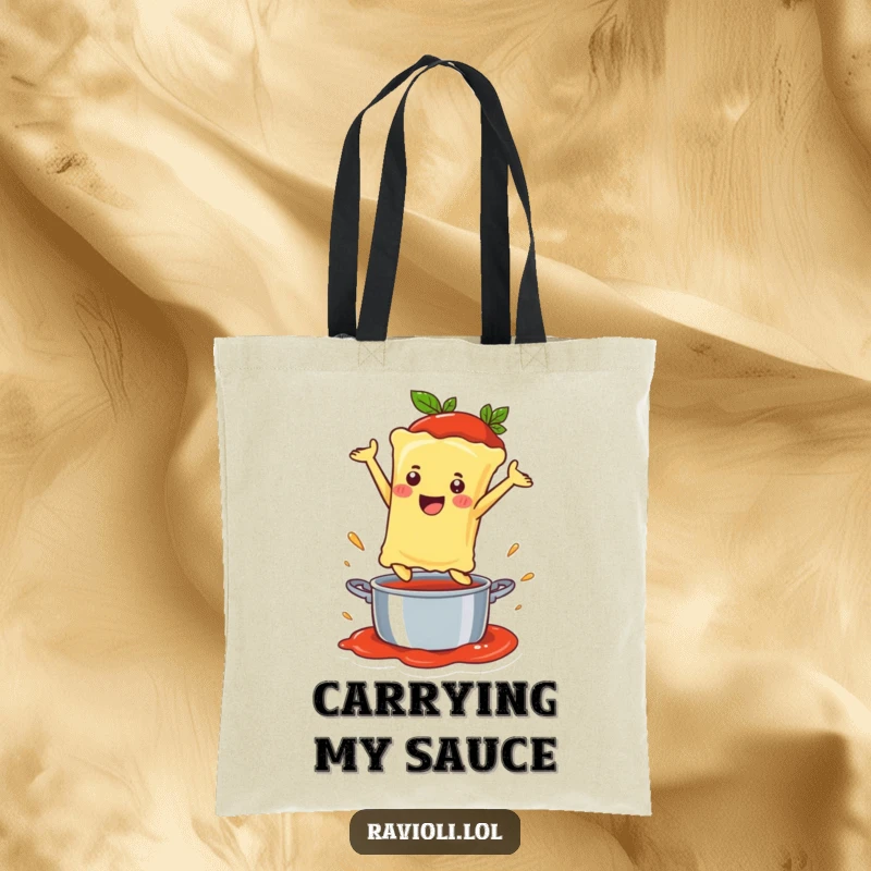 Funny Ravioli Tote Bag showing a ravioli character leaping into a sauce pot, a stylish and humorous accessory.