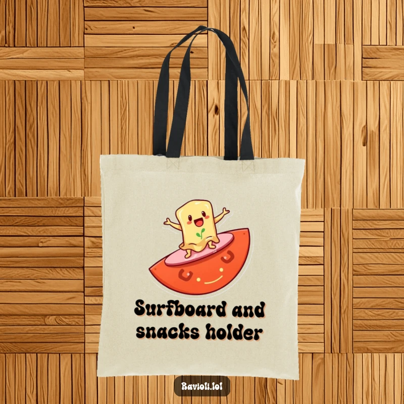 Funny tote bag with a ravioli character surfing on a giant tomato slice, perfect for carrying essentials with a humorous beachy flair.