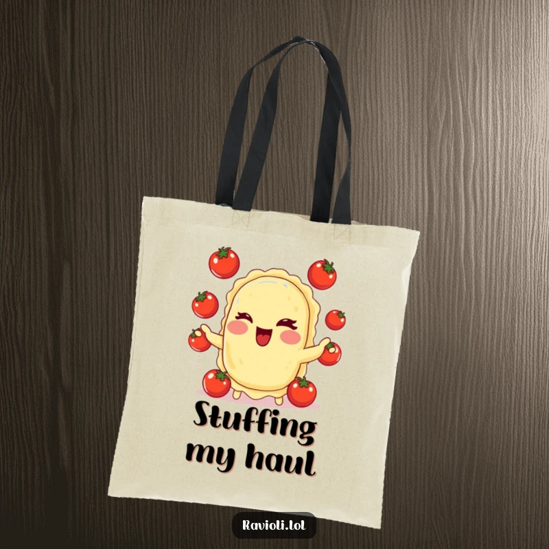 Durable tote bag featuring a funny, winking ravioli juggling small tomatoes, perfect for grocery shopping with a side of humor.