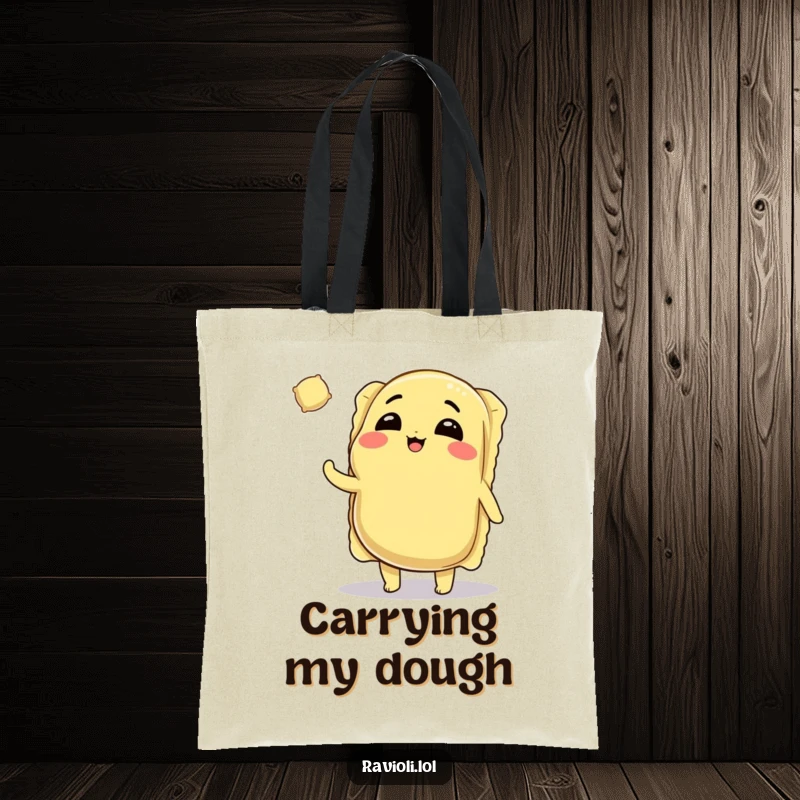 Funny Ravioli Tote Bag: Winking ravioli character tossing a tiny ravioli, perfect for carrying essentials with food humor.