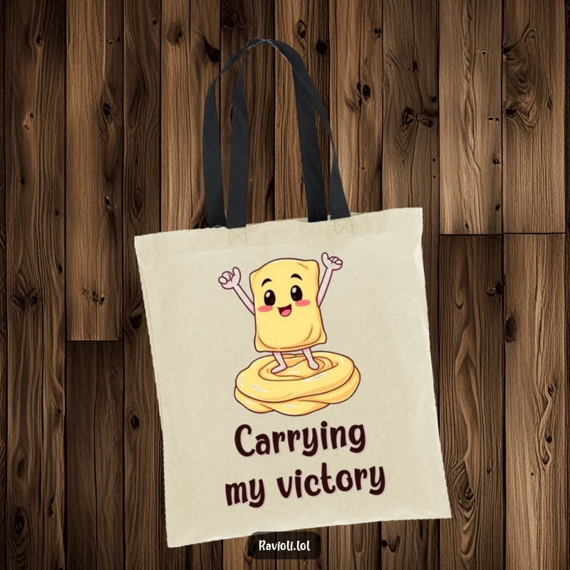 Funny tote bag featuring a ravioli character in a triumphant pose atop a creamy sauce swirl, ideal for stylish and humorous Italian-themed errands.