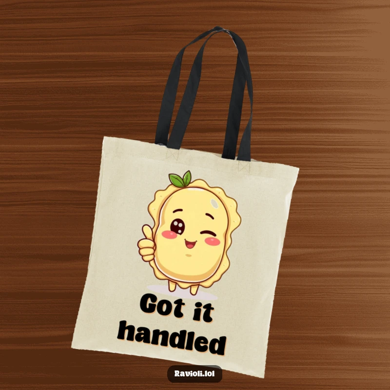Funny ravioli character winking and giving a thumbs up, a stylish and funny tote bag.