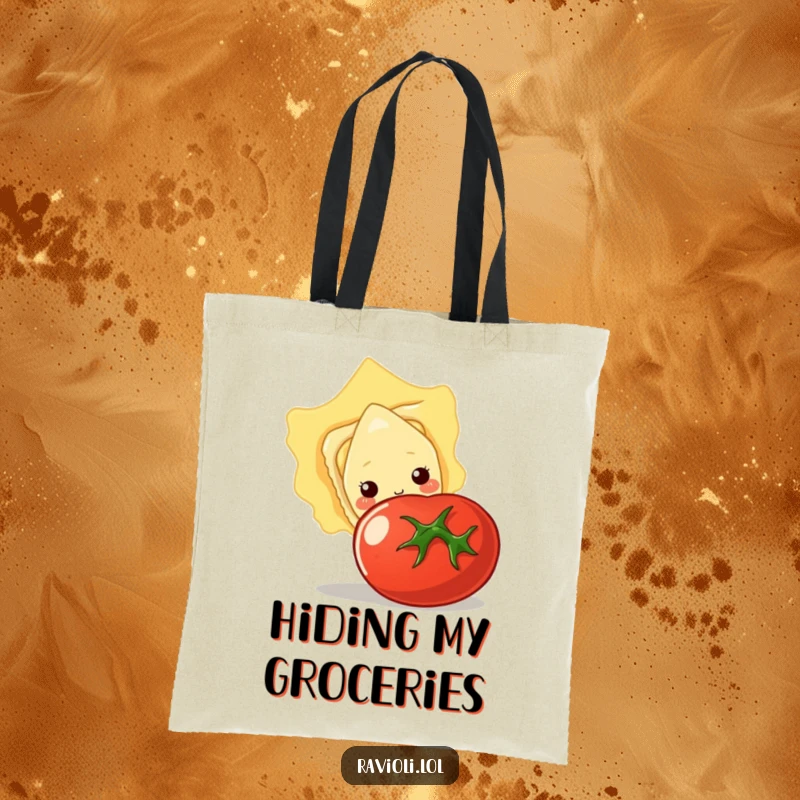 Funny tote bag with a shy ravioli peeking out from behind a large tomato, a cute and humorous everyday bag.