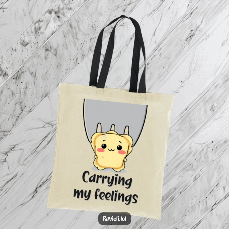 Funny shy ravioli peeking out from behind a large fork, illustrating bashfulness and a love for Italian cuisine, great funny tote.