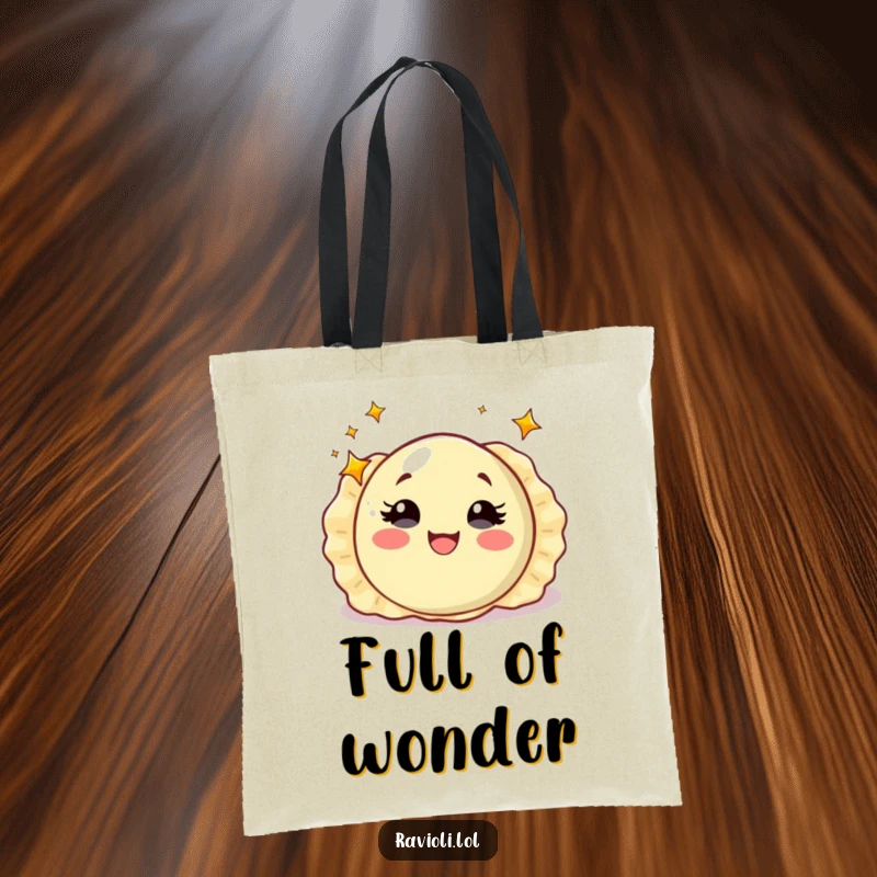 Funny ravioli with starry eyes spinning with delight, tote bag featuring an enchanted Italian pasta character, great funny tote.