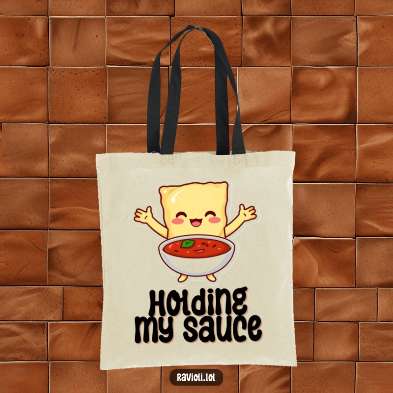 Funny tote bag featuring a ravioli character with arms outstretched, embracing a bowl of marinara sauce, perfect for carrying items.