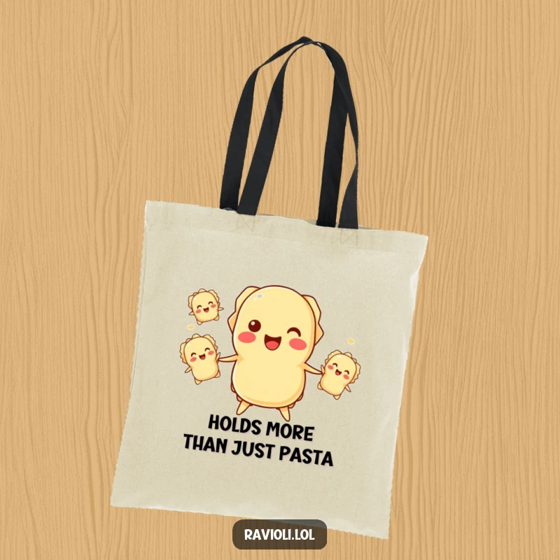 Funny ravioli juggling tote bag featuring a smiling ravioli character expertly tossing smaller ravioli, perfect for errands.