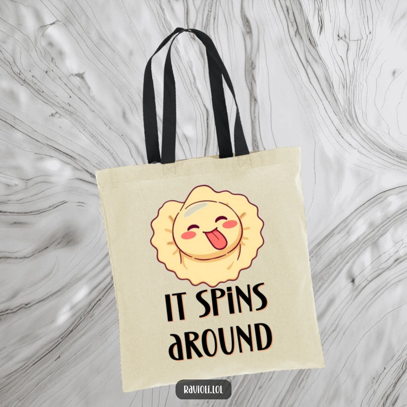 Funny ravioli makes a silly face, tongue out, spinning, tote bag.