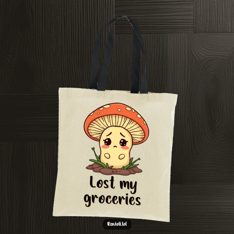 Funny ravioli peeking out from behind a giant mushroom on a tote bag, a humorous and practical accessory.