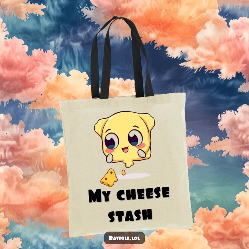Funny tote bag with a ravioli character, wide-eyed, trying to catch falling cheese, a humorous culinary theme.
