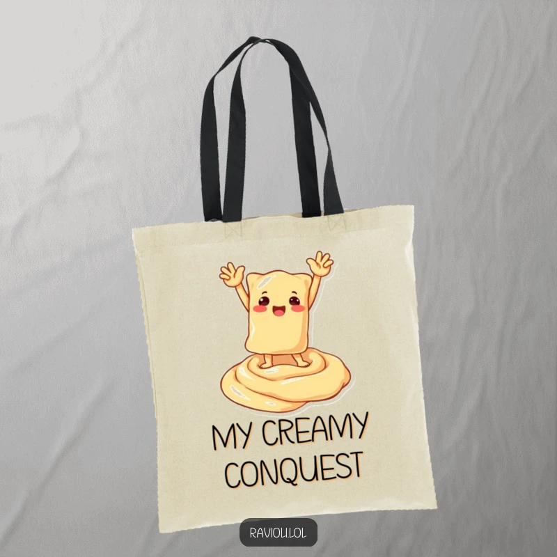 Funny tote bag with a ravioli character striking a victorious pose on a creamy sauce swirl, perfect for carrying essentials.