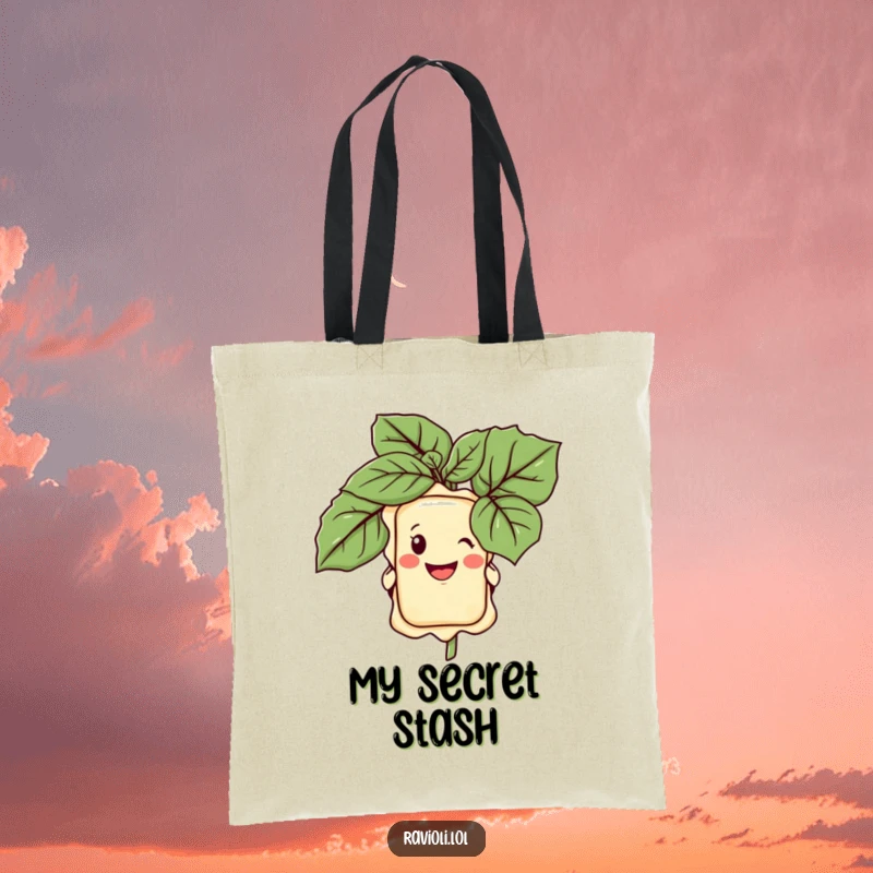 Funny tote bag with a ravioli character peeking from behind a giant basil leaf, grinning playfully, perfect for grocery runs.