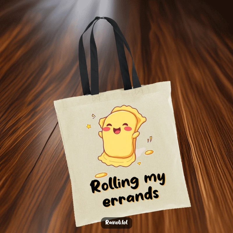 Funny Tote Bag: A ravioli rolls enthusiastically downhill, leaving a trail of giggles, making this a humorous and practical accessory.