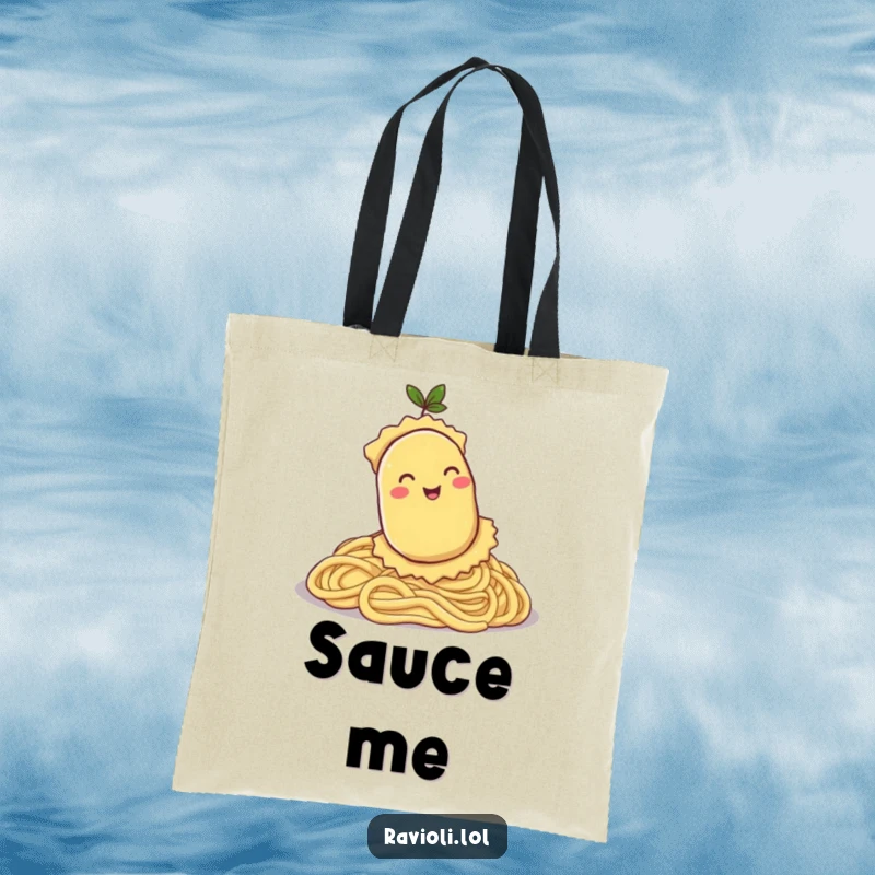 Funny tote bag depicting a ravioli character joyfully rolling down a pasta hill, a whimsical and practical accessory.